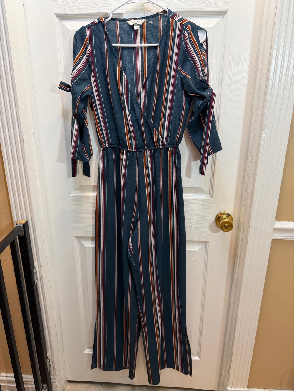 Speechless Teal Striped Wrap-Front Wide-Leg Jumpsuit